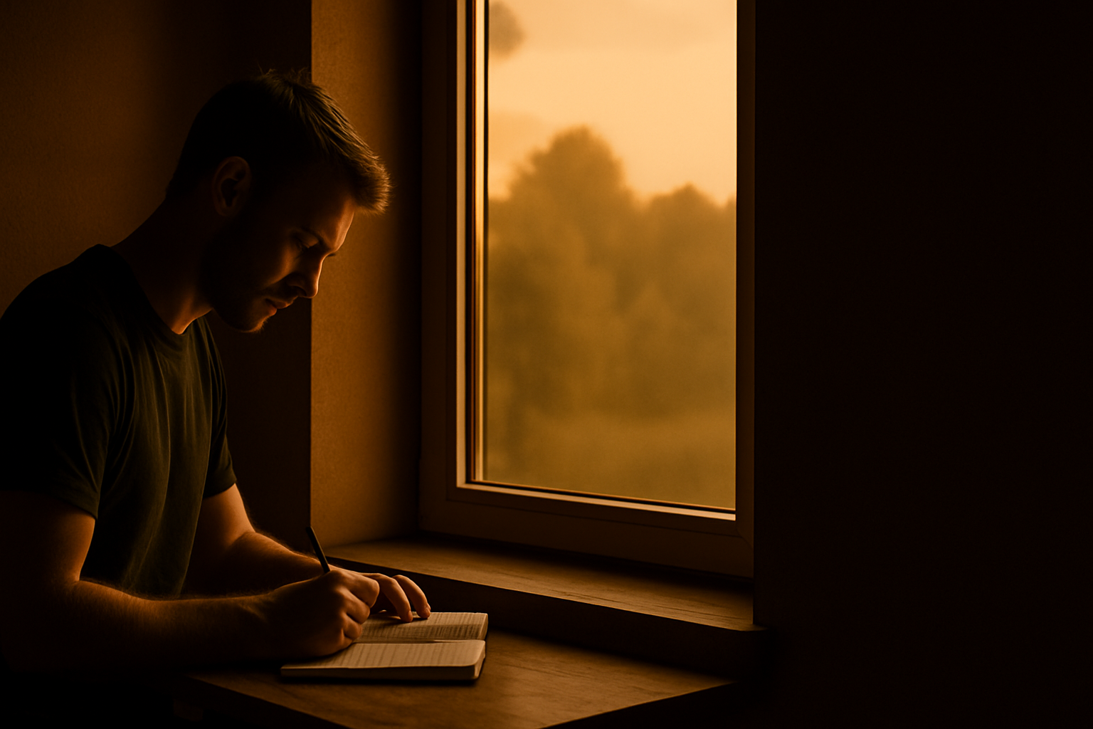 A man sitting by a window at sunset writing in a journal, representing the practice of self-reflection and stoic journaling to clear the mind.