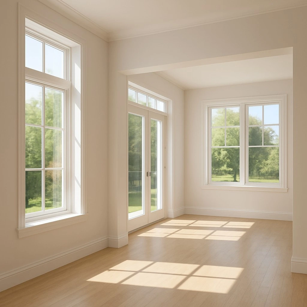 A bright, empty room with sunlight streaming through large windows, casting geometric shadows on a wooden floor. Represents the concept of the "Witness" or "Silent Space" in Ashtavakra philosophy.