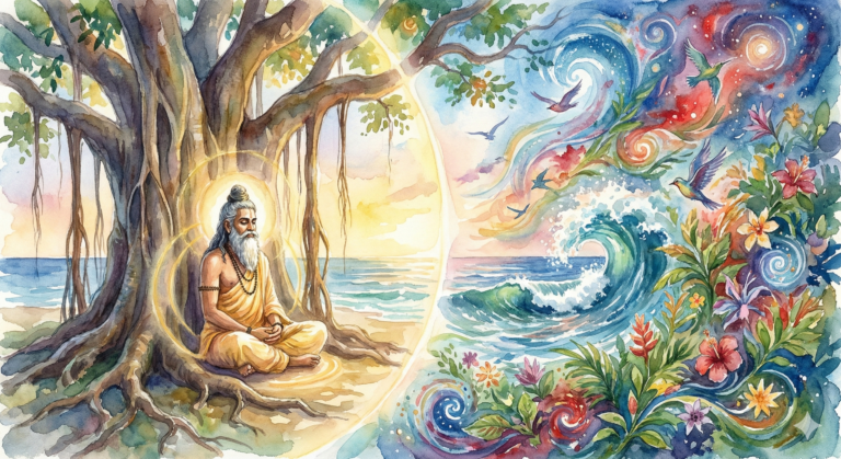 Watercolor portrait of Maharishi Kapil meditating near the ocean, symbolizing the separation of Purusha (Spirit) and Prakriti (Nature).