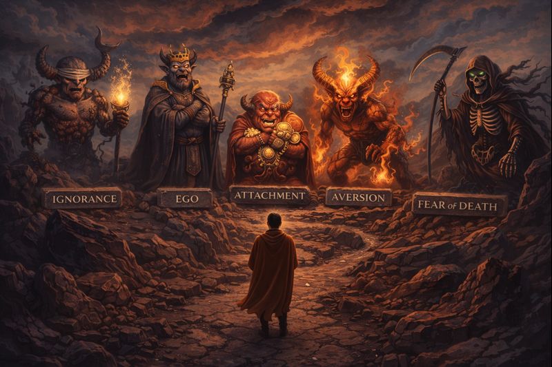 Artistic illustration of a lone figure facing five giant fiery demons, representing the 5 Kleshas or mental afflictions described in Patanjali's Yoga Sutras.