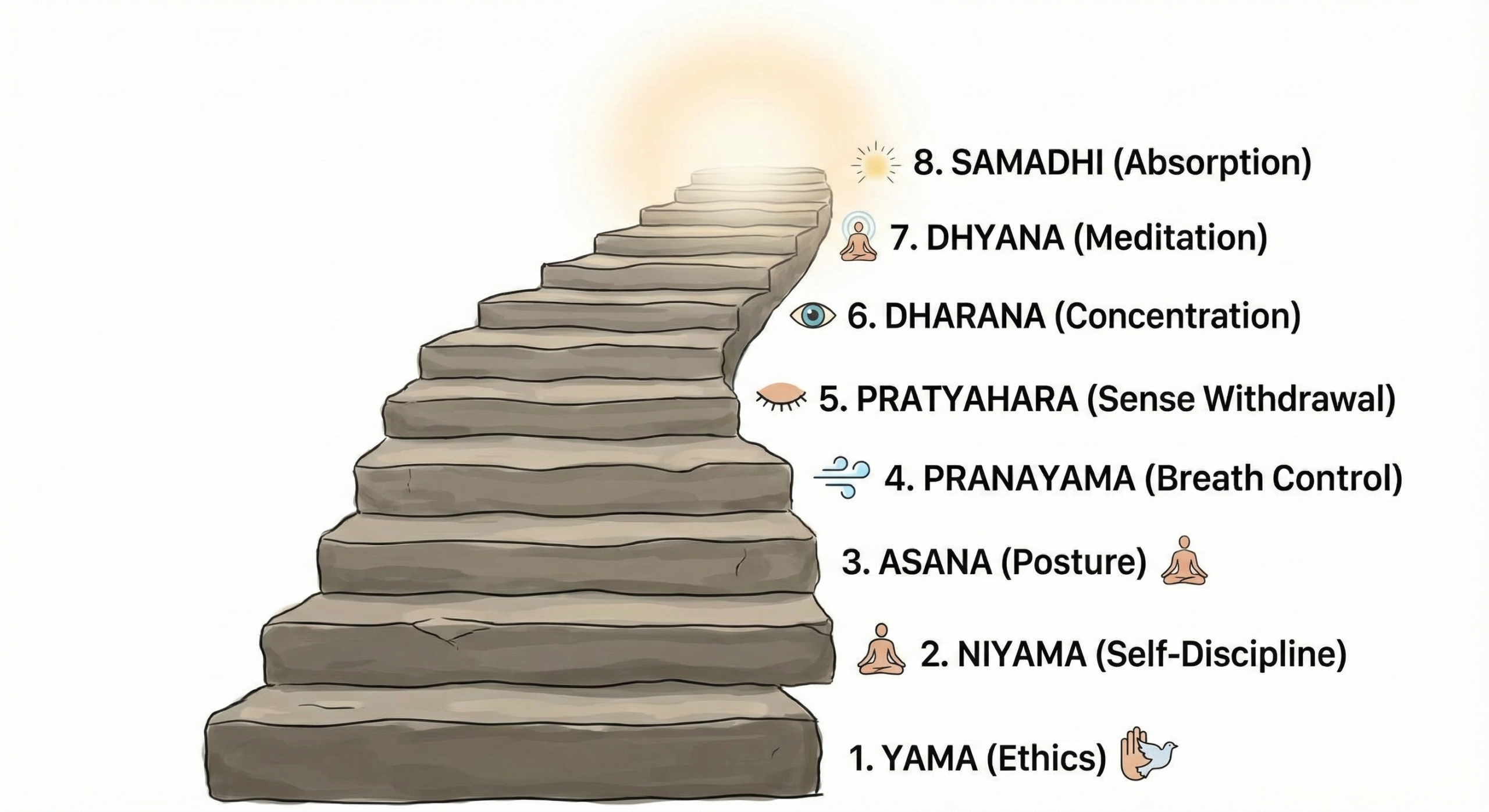 Illustration of a stone staircase representing the 8 Limbs of Ashtanga Yoga, ascending from Yama and Niyama at the bottom to Samadhi at the top.