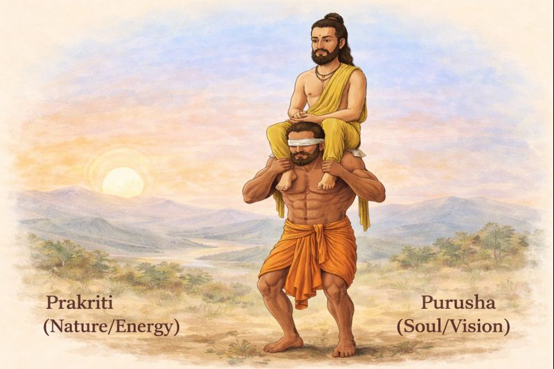 Illustration of the Samkhya analogy showing a strong blind man (Prakriti) carrying a lame man with vision (Purusha) on his shoulders.