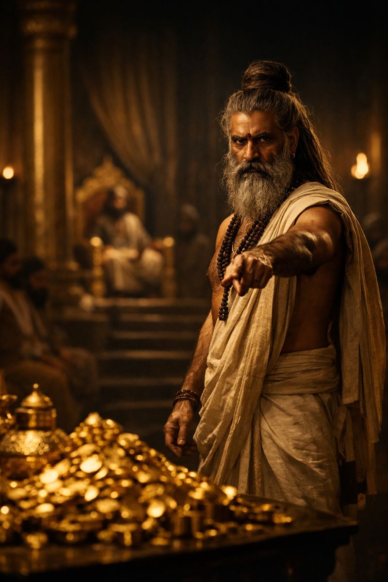 Digital art of Maharishi Yajnavalkya standing fiercely in King Janaka's court, pointing forward with a pile of gold coins in the foreground, symbolizing the balance of wealth and wisdom.