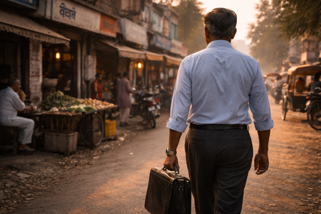A man carrying a briefcase walking down a street in India, representing the silent dignity of daily duty and Purva Mimamsa philosophy.