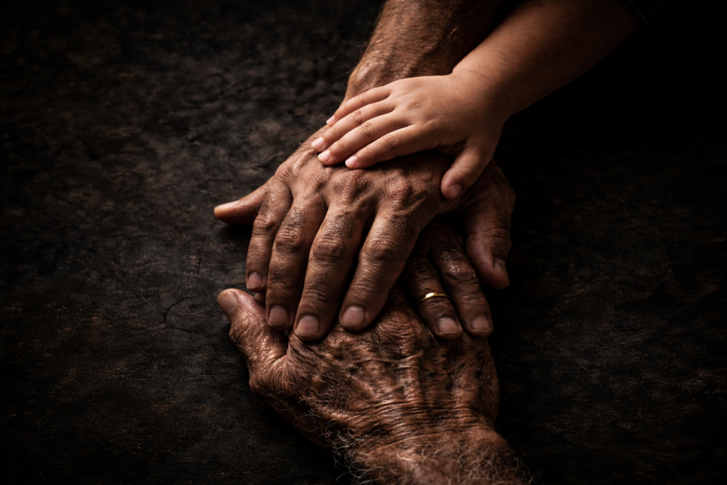 Three generations of hands stacked together, representing the transition from Jaimini's philosophy of action to Maharishi Badrayan's Vedanta philosophy of being.