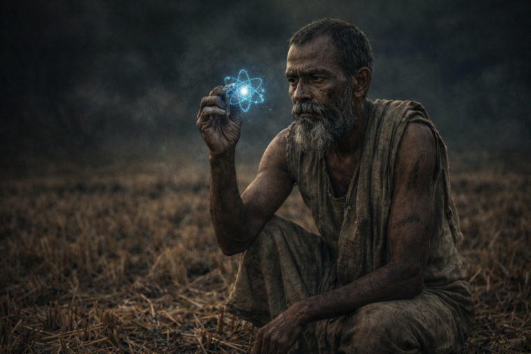Cinematic illustration of Maharishi Kanada sitting in a harvested field holding a glowing blue atomic structure, symbolizing the discovery of the Parmanu (atom) in Vaisheshika philosophy.