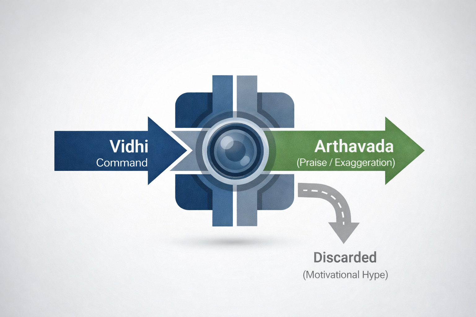 A flowchart showing the Mimamsa hermeneutic principle where Vidhi, the command, is executed, while Arthavada, the motivational hype, is discarded.