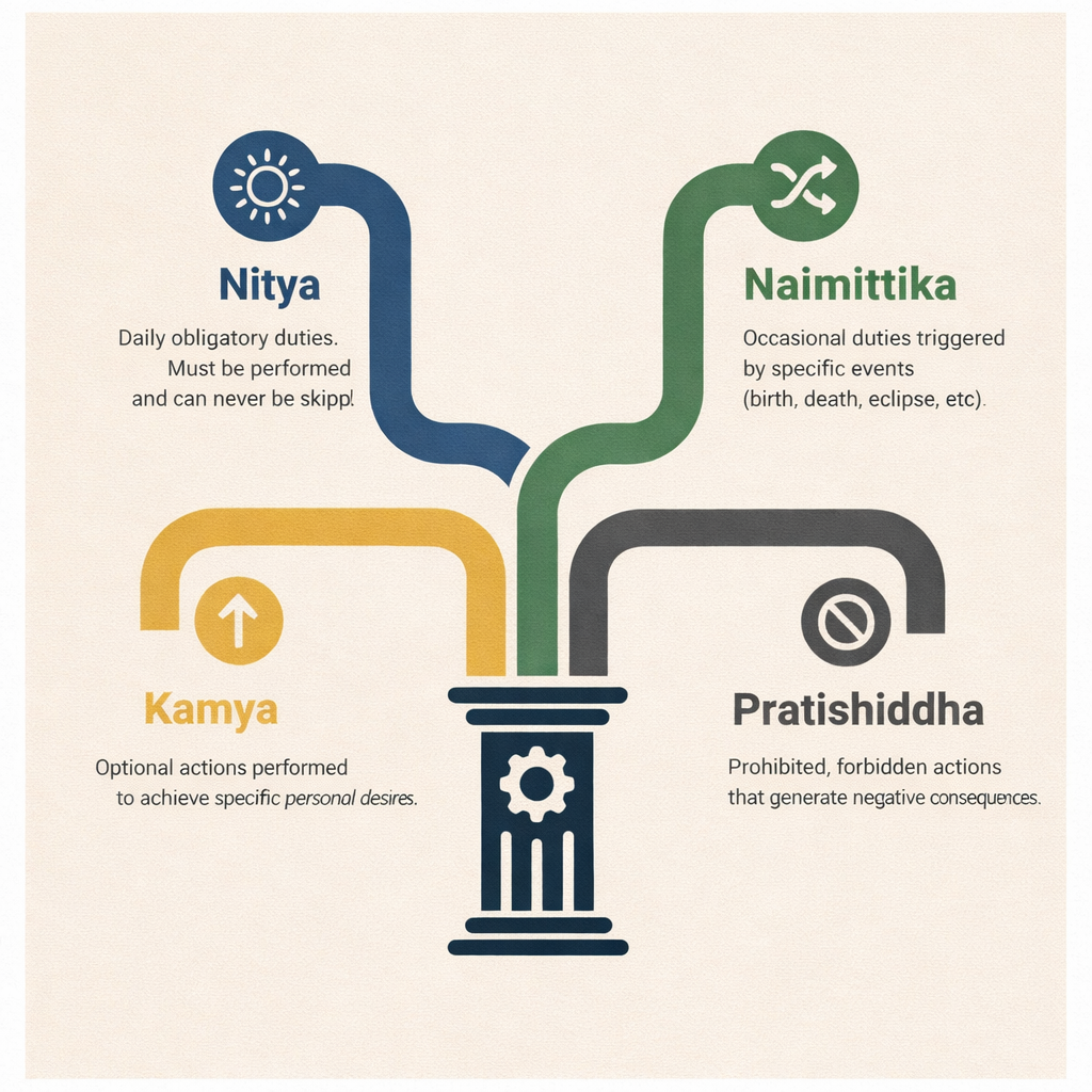 A diagram illustrating Jaimini's four categories of action in Purva Mimamsa: Nitya, Naimittika, Kamya, and Pratishiddha.