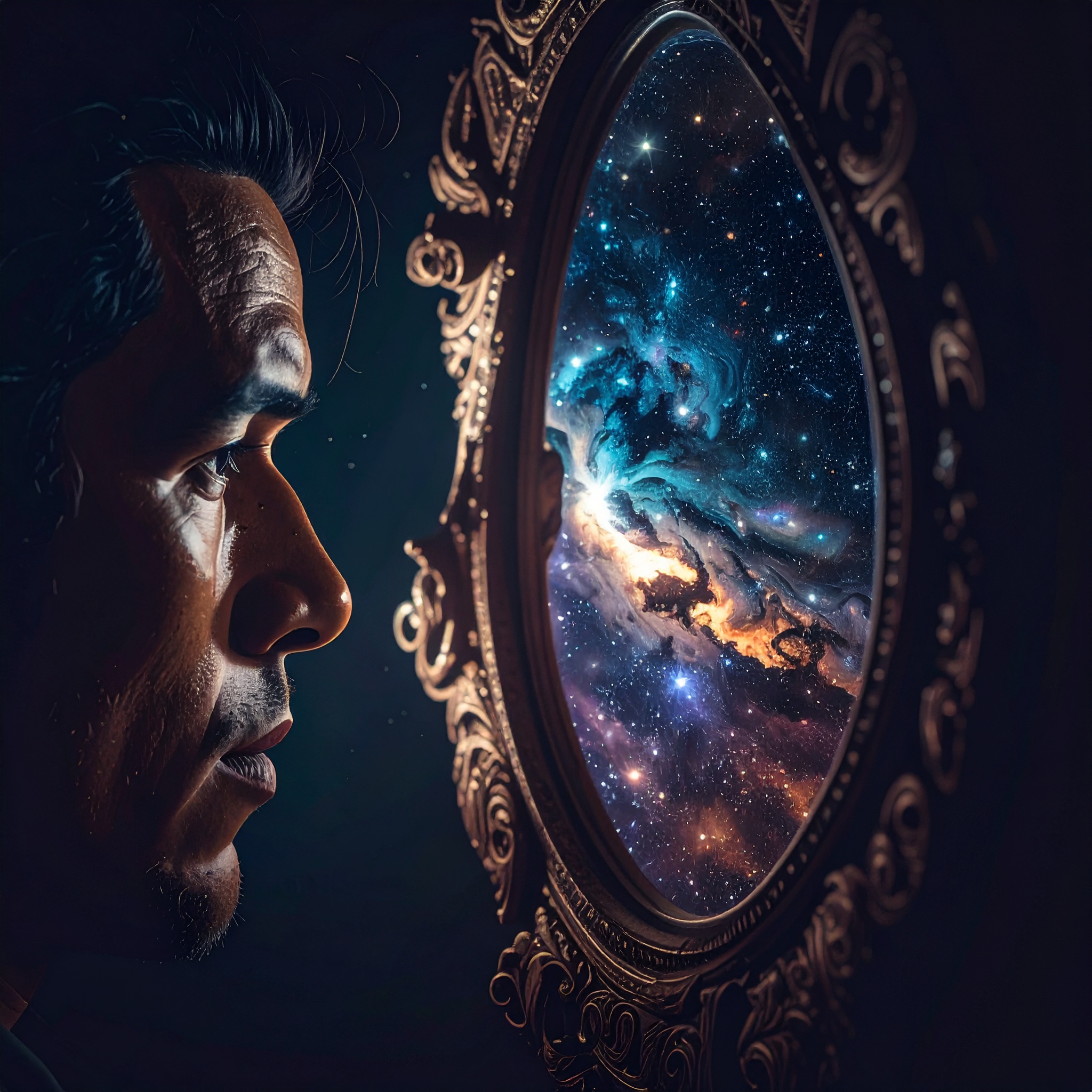 Cinematic digital art of a man looking into an ornate mirror, seeing a glowing galaxy of stars instead of his own reflection, symbolizing the Universal Self or Atman.