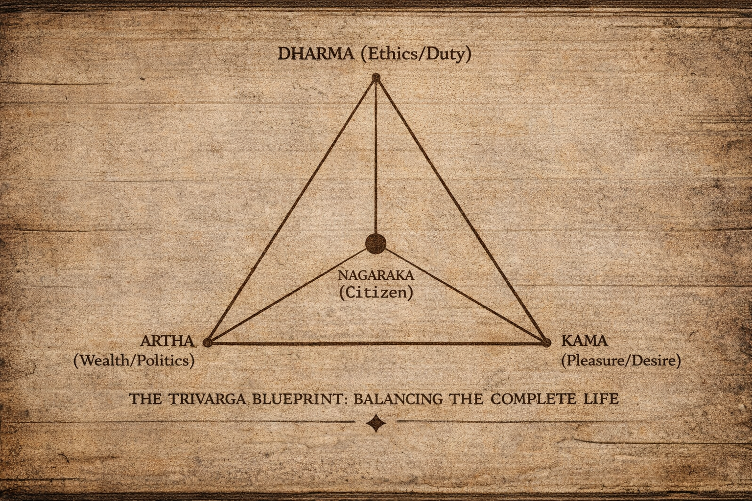 A geometric triangle diagram showing the balance of Dharma (Ethics), Artha (Wealth), and Kama (Pleasure) with the Nagaraka (Citizen) in the center.