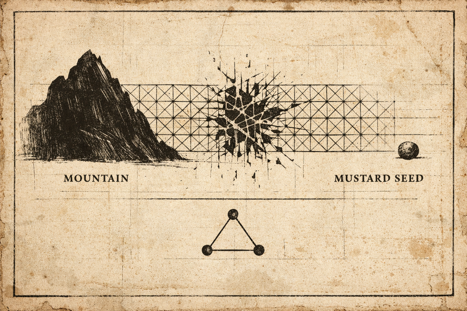 Ancient diagram illustrating the Vaisheshika logical argument against infinite divisibility, comparing a mountain and a mustard seed to prove the existence of the Parmanu.