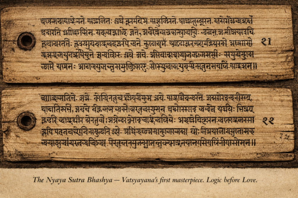 Ancient palm leaf manuscript of Nyaya Sutra Bhashya by Maharishi Vatsyayana, showing Sanskrit text.
