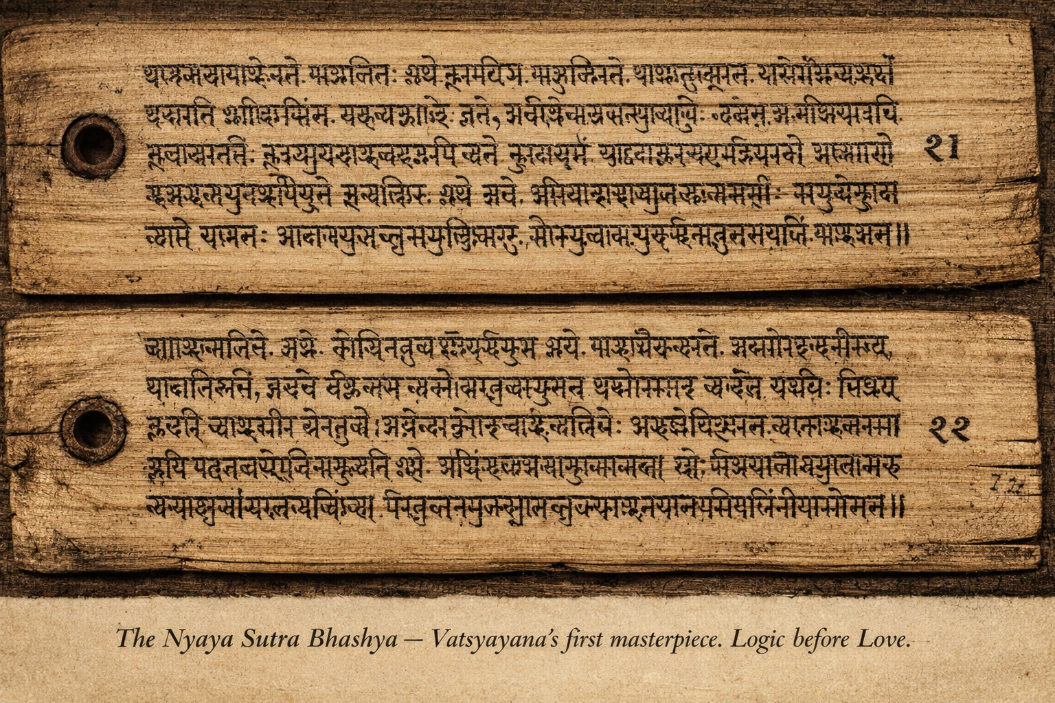 Ancient palm leaf manuscript of Nyaya Sutra Bhashya by Maharishi Vatsyayana, showing Sanskrit text.