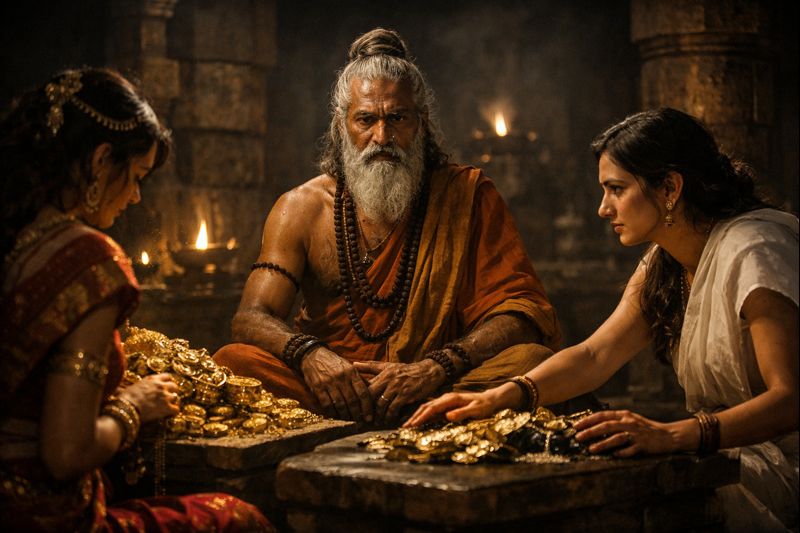 Cinematic depiction of Sage Yajnavalkya dividing his gold between his two wives; one wife looks at the gold while Maitreyi looks at him seeking wisdom.