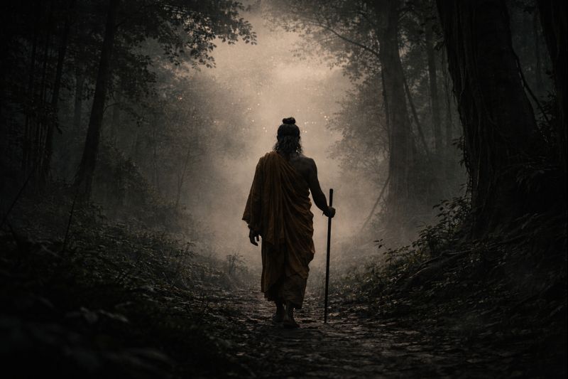 Cinematic rear view of a sage walking alone into a misty, dark forest, symbolizing Maharishi Yajnavalkya leaving his wealth behind for Sannyasa.