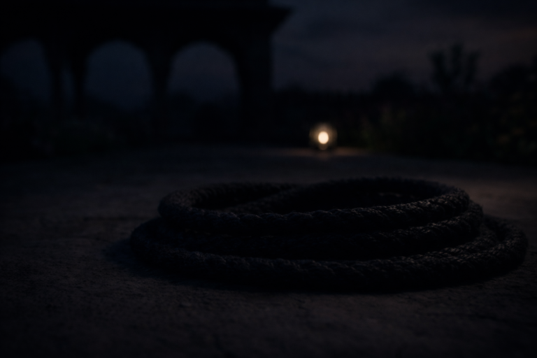 Moody close-up of a coiled hemp rope resting on a dusty, ancient stone path at twilight, with distant Indian archways blurred in the background, illustrating the philosophical concept of Maya and Adhyasa in Adi Shankaracharya’s Advaita Vedanta.