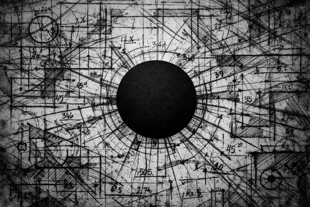 A high-contrast, brutalist black-and-white image featuring a solid, perfectly black circle in the center, surrounded by a chaotic, complex web of hand-drawn engineering schematics, math, and blueprints. It symbolizes the unchanging absolute (Brahman) amidst the complex mechanics of the physical universe.