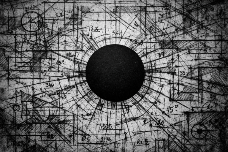 A high-contrast, brutalist black-and-white image featuring a solid, perfectly black circle in the center, surrounded by a chaotic, complex web of hand-drawn engineering schematics, math, and blueprints. It symbolizes the unchanging absolute (Brahman) amidst the complex mechanics of the physical universe.