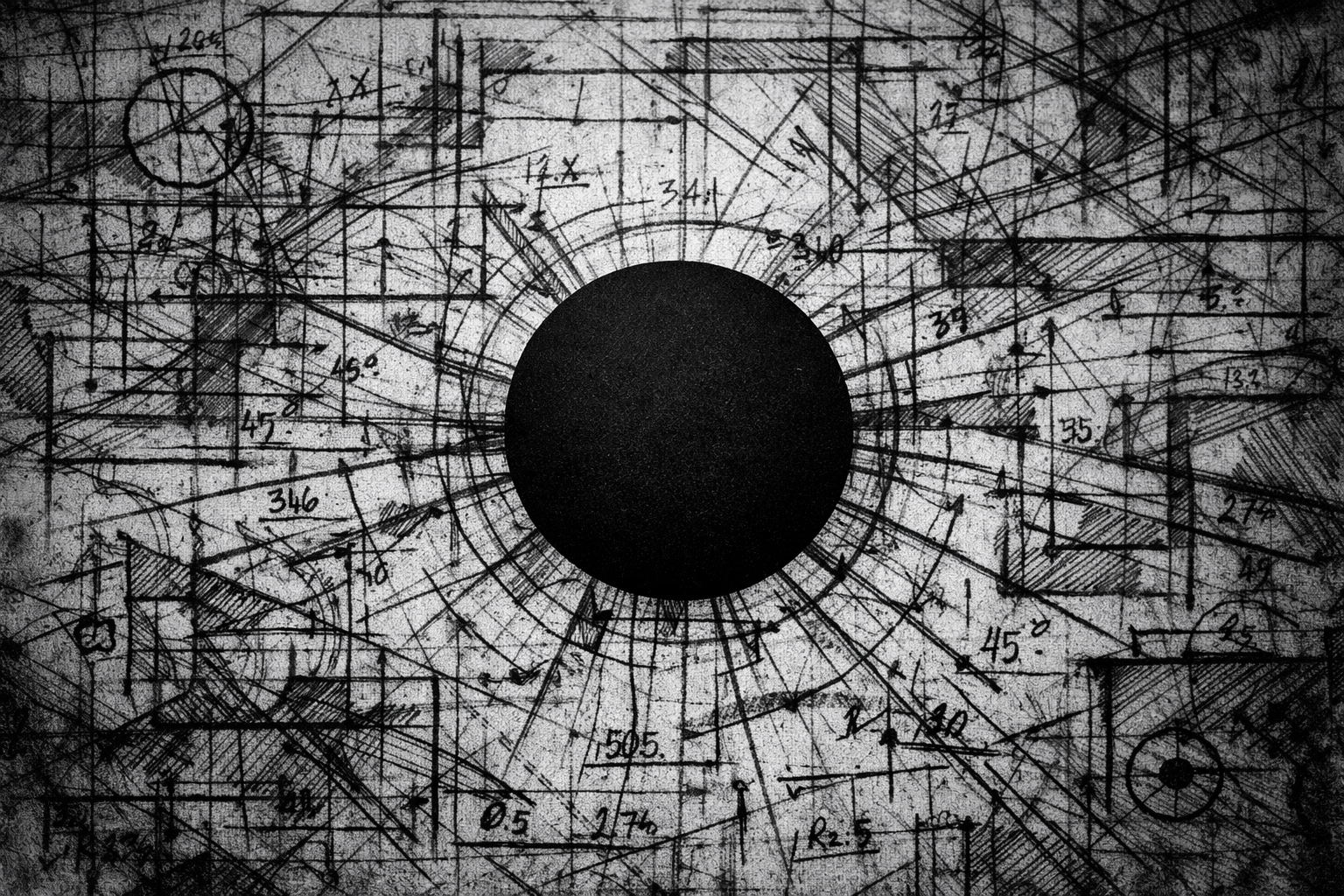 A high-contrast, brutalist black-and-white image featuring a solid, perfectly black circle in the center, surrounded by a chaotic, complex web of hand-drawn engineering schematics, math, and blueprints. It symbolizes the unchanging absolute (Brahman) amidst the complex mechanics of the physical universe.