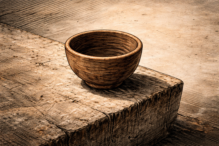 A deeply textured, empty clay bowl resting on a rough-hewn wooden surface, representing the raw, materialist philosophy of Charvaka and the simplicity of a pantry boy's tea.