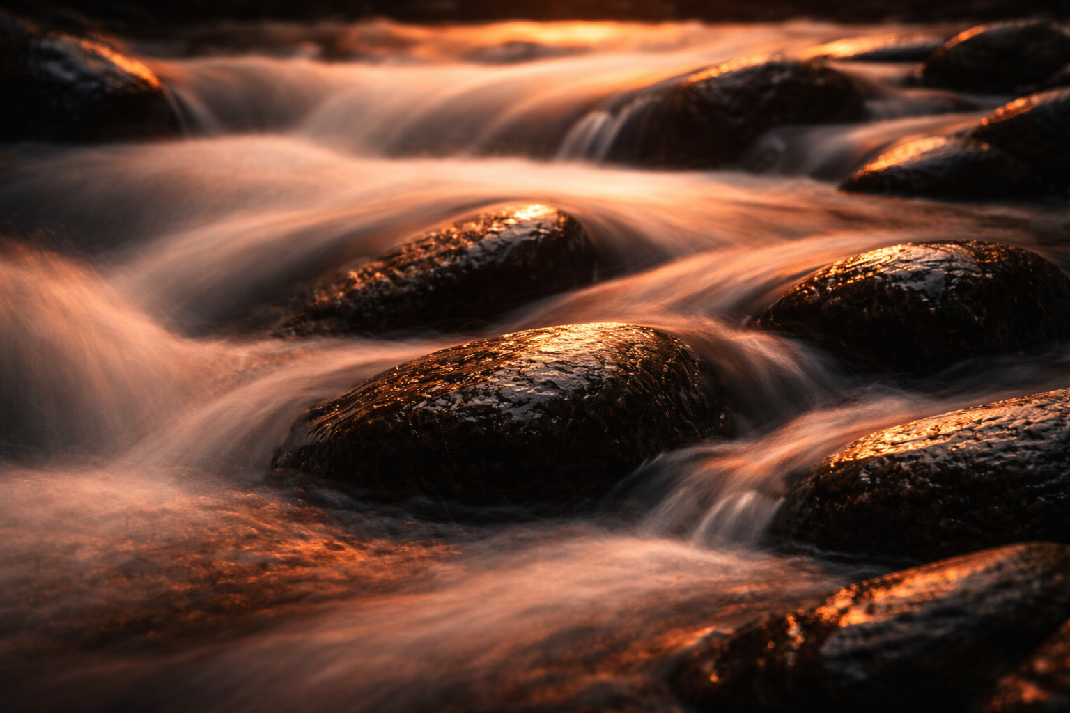 Long exposure photography of a golden-lit river flowing continuously over dark, smooth stones, illustrating the Buddhist concept of Anicca and the impossibility of stasis.