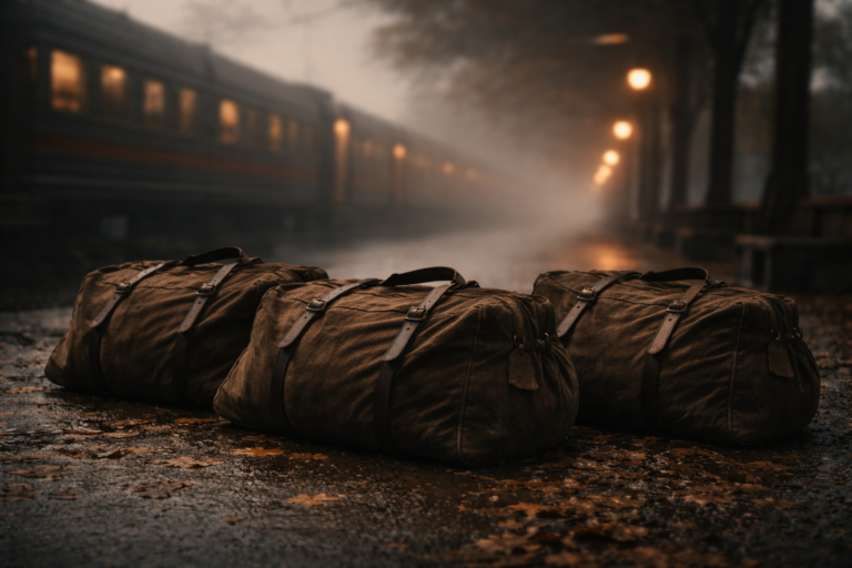 Three heavy canvas travel bags sitting on a wet, misty railway platform with a blurred train in the background, representing the emotional weight of anticipation and the passage of time.