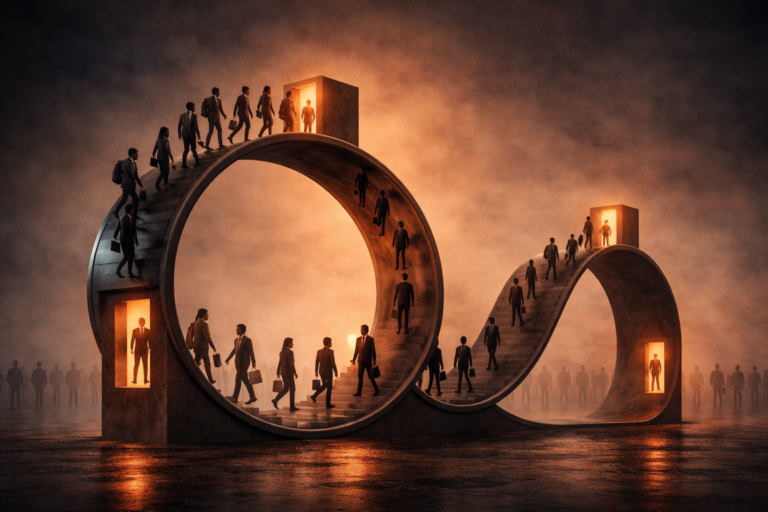 A conceptual illustration of people walking on a giant, infinity-shaped loop with doors, representing the hedonic treadmill, the corporate rat race, and the illusion of success.