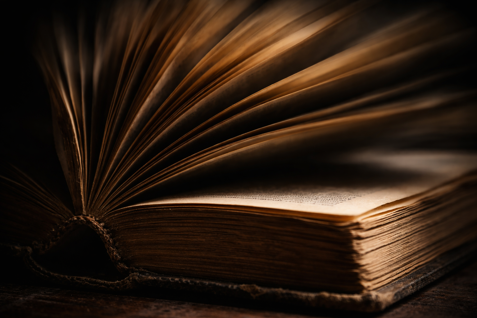 Extreme close-up of a vintage book with its pages rapidly fanning open in the shadows, symbolizing the Buddhist concept of Anatta and how the ego is merely a fast-moving sequence of psychological processes.