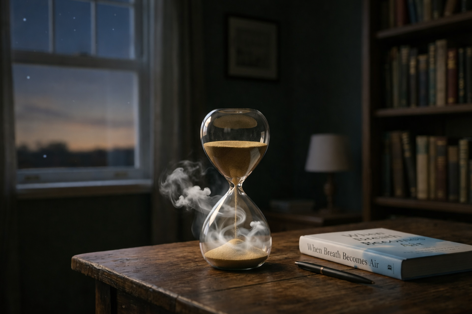 An hourglass on a wooden desk with sand turning into mist, sitting next to the book When Breath Becomes Air, representing a philosophical reflection on mortality.