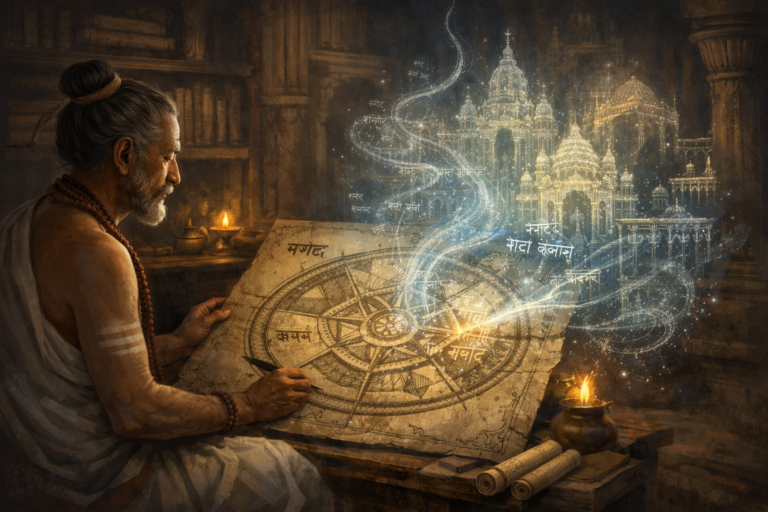 An ancient Indian scholar, representing the philosopher Bhartrihari, writing on a parchment in a dimly lit library. Glowing Sanskrit words rise from the page and magically form luminous, intricate architectural structures, illustrating the concept that language generates reality.