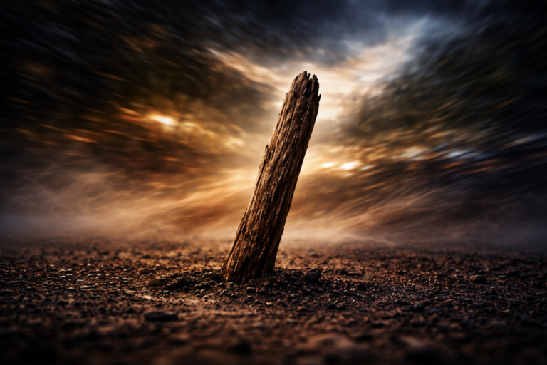 A solitary, weathered wooden staff planted firmly in the earth, standing unmoving against a dark, violently swirling storm. A visual representation of Maharishi Vashistha's Brahmadanda, symbolizing an immovable internal center neutralizing external chaos.