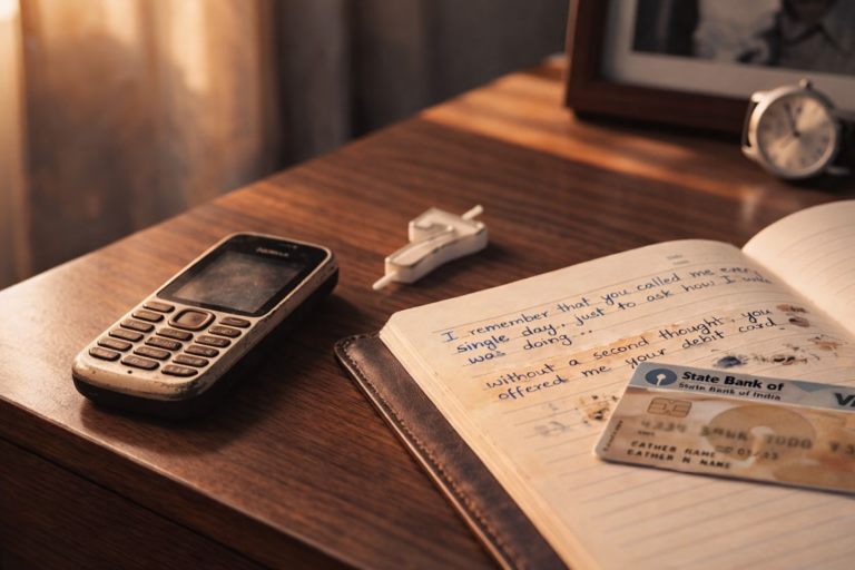 A nostalgic still life on a wooden desk featuring an old mobile phone, a State Bank of India debit card, a number 7 birthday candle, and an open journal with a handwritten letter.
