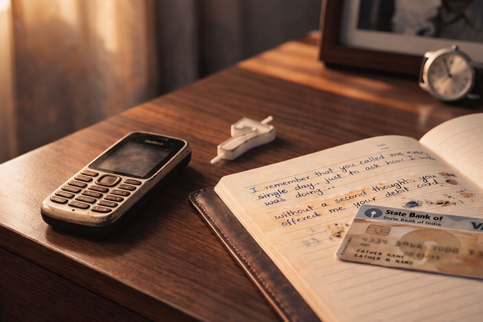 A nostalgic still life on a wooden desk featuring an old mobile phone, a State Bank of India debit card, a number 7 birthday candle, and an open journal with a handwritten letter.