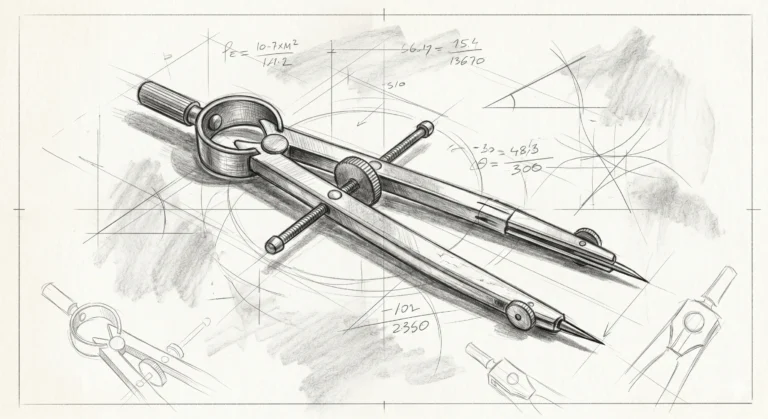 Here are the details for the image:Alt Text: A graphite pencil sketch of a traditional metal geometric divider on textured paper, showing visible sketch lines, shading, and technical drawing marks.