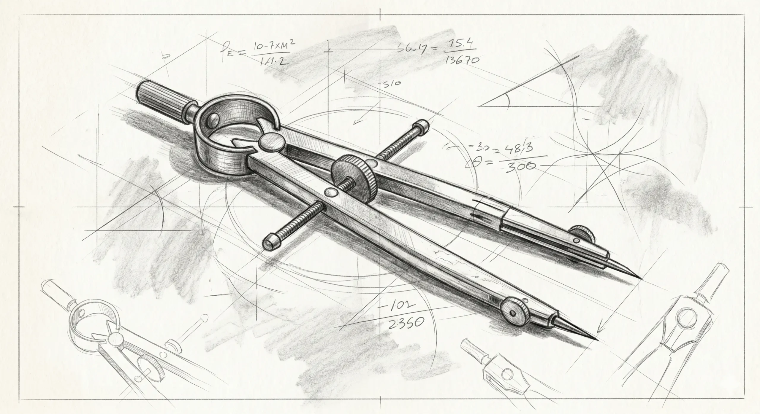 Here are the details for the image:Alt Text: A graphite pencil sketch of a traditional metal geometric divider on textured paper, showing visible sketch lines, shading, and technical drawing marks.