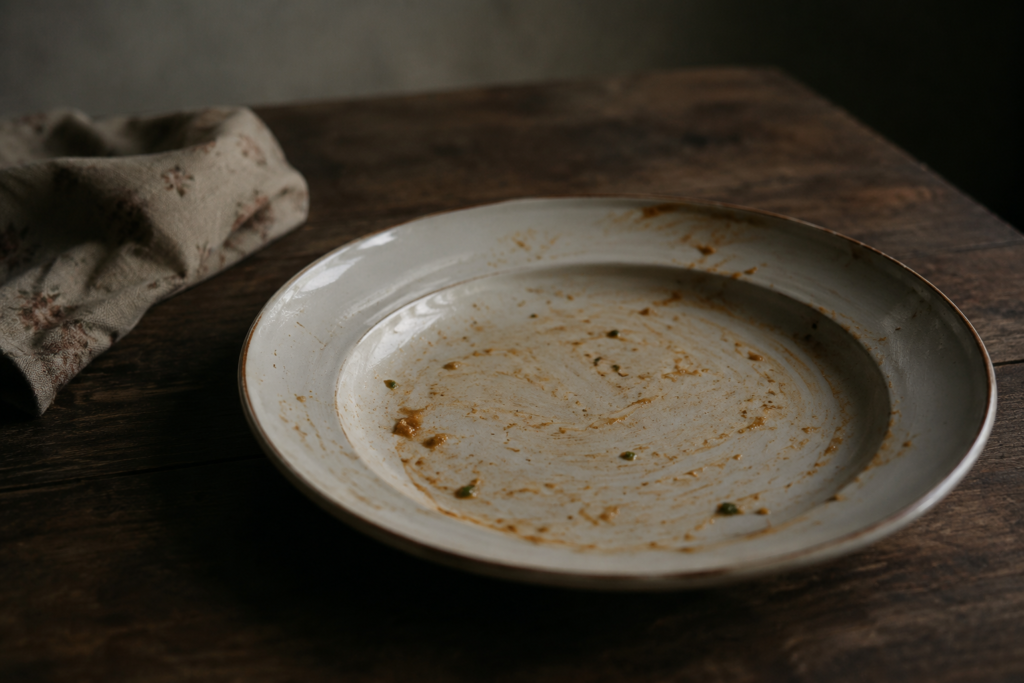 An empty, off-white ceramic plate smeared with food remnants sitting on a dark, rustic wooden table next to a patterned cloth napkin.
