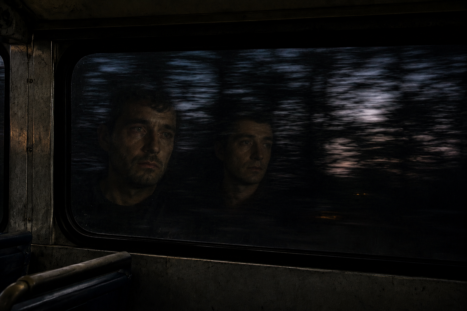 A dark, moody reflection of two tired men in a bus window at night, with motion-blurred scenery passing by in the background.