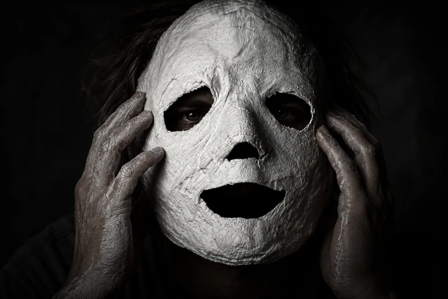 A person with powder-covered hands holding a rough, white plaster mask over their face against a stark black background, symbolizing the facade of societal decency and hidden internal struggles.