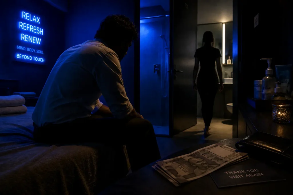 A man sits in a dim, blue-lit room while a silhouette of a woman walks away, with Indian rupee notes left on a dark table, depicting the themes of the short story Disrobed Twice.