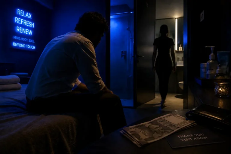 A man sits in a dim, blue-lit room while a silhouette of a woman walks away, with Indian rupee notes left on a dark table, depicting the themes of the short story Disrobed Twice.