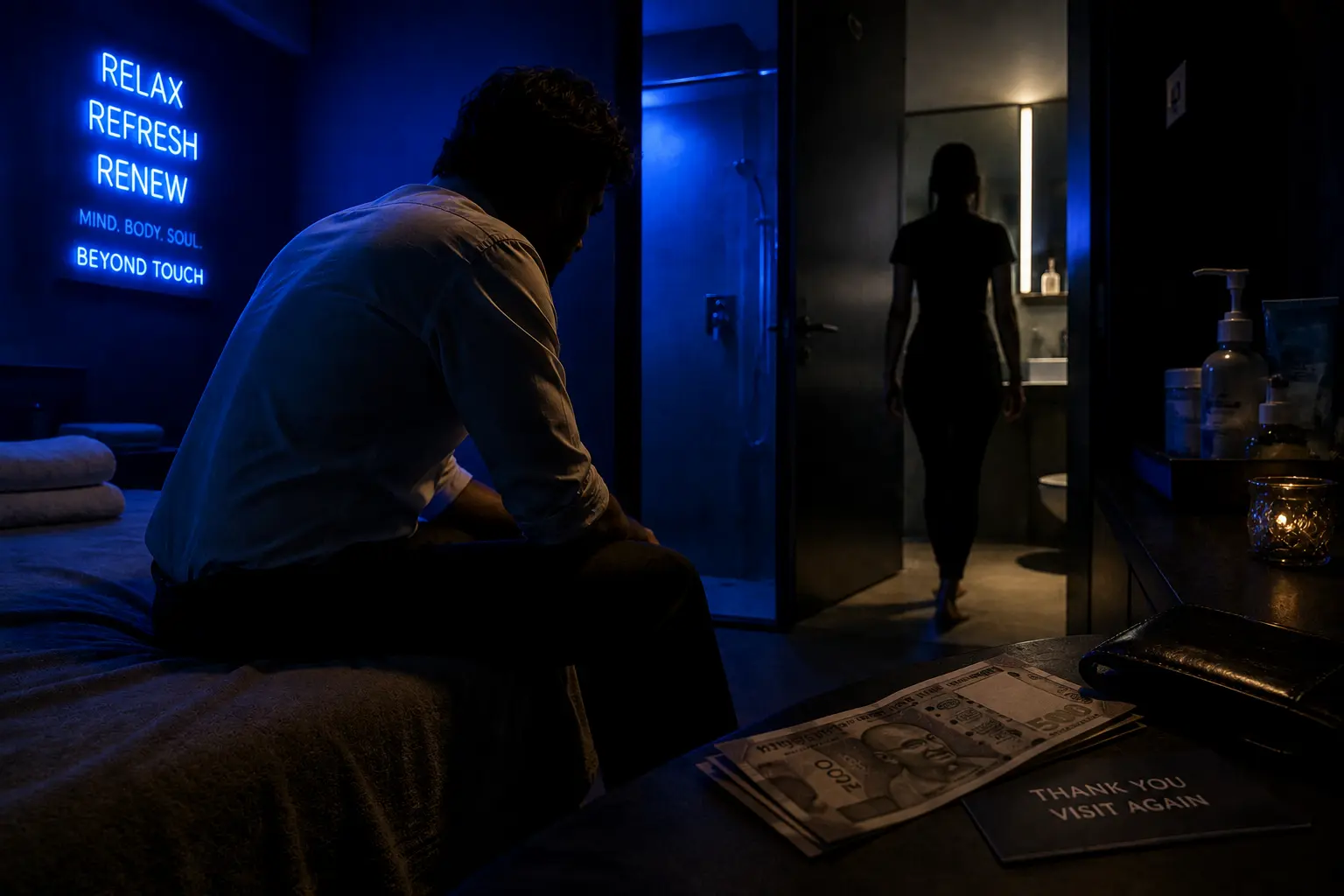 A man sits in a dim, blue-lit room while a silhouette of a woman walks away, with Indian rupee notes left on a dark table, depicting the themes of the short story Disrobed Twice.